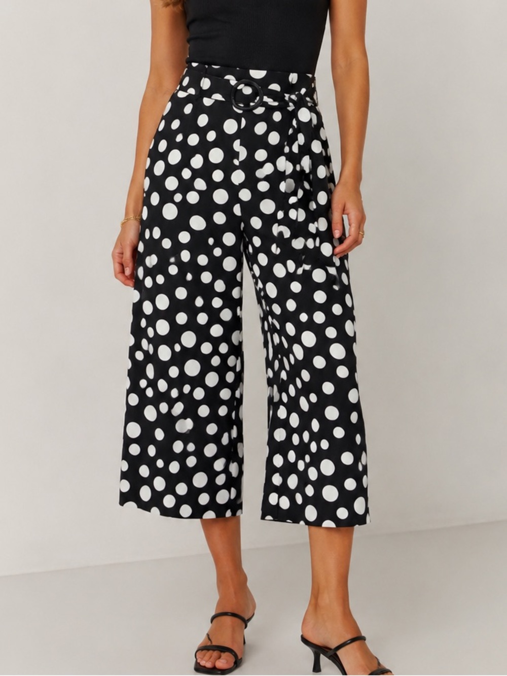 Polka Dot Wide-Leg Culotte Pants - Black/White